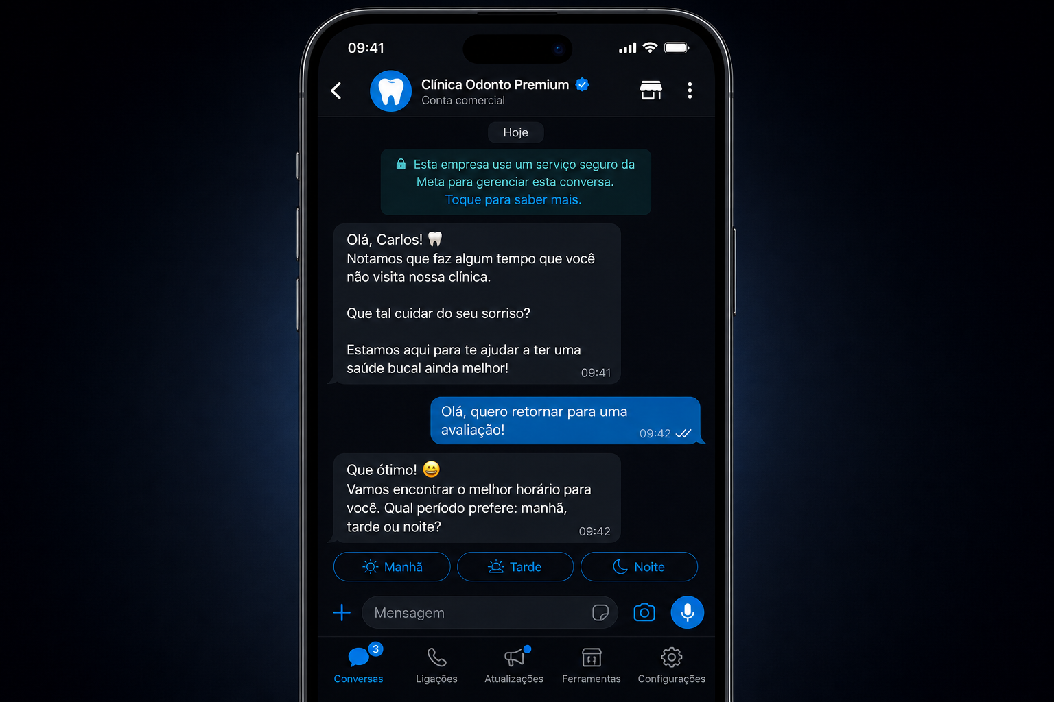 Conversa de reativação pelo WhatsApp da clínica com contexto do paciente
